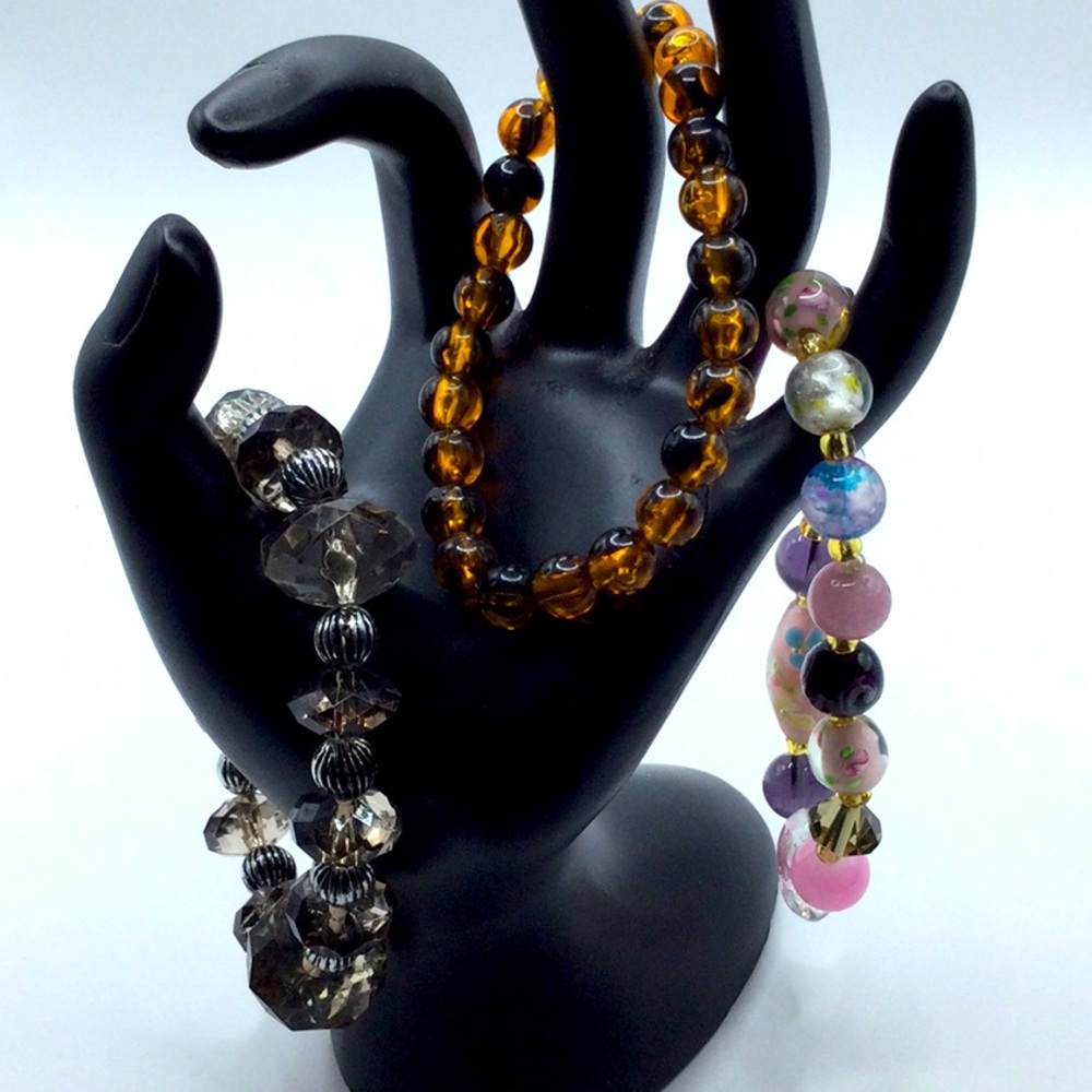 3 Vintage stretchy  Colorful Bead Bracelet Lot Fairy Amber?